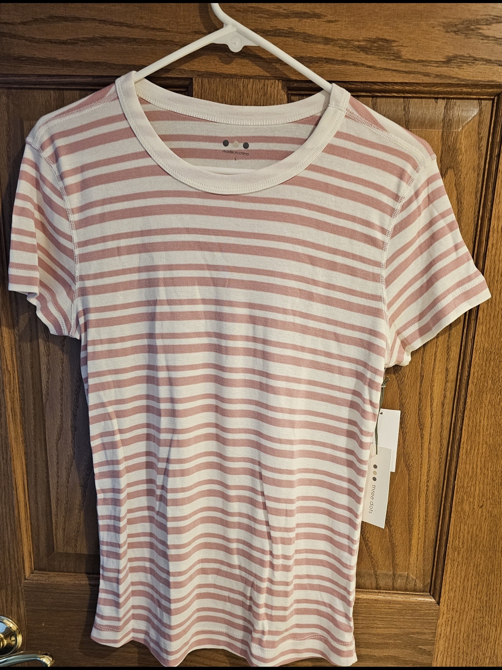 Three Dots Pink and White Striped Short-Sleeve Crewneck Tee